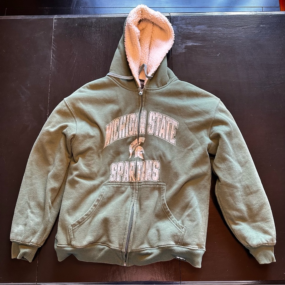 Retro Large MSU Hoodie Zip Up Sherpa Warm Pro Edge y2k Spartans Football
